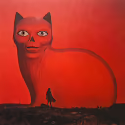 a painting of a person standing by a giant cat