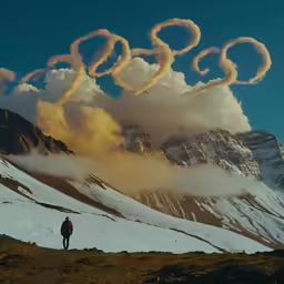 a man standing in front of a mountain under a cloudy sky