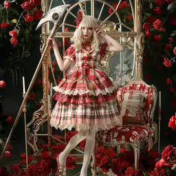 the woman is wearing a dress with a red bow,an image of a woman that is standing on stage
