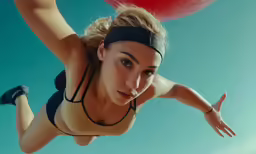 a woman in a bikini, flying through the air with a large red ball above her