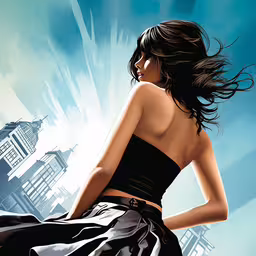 woman with dress in cityscape as if painting her,a girl in a black dress and high heels on the ground