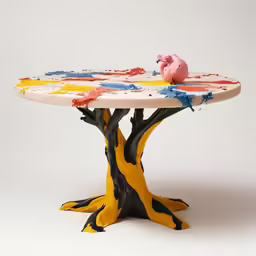 this is a table with a potted pig on it