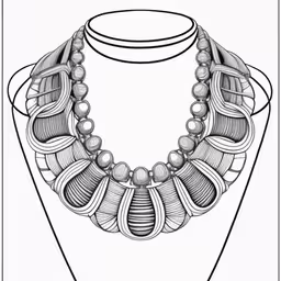 an illustration of a necklace on display with a white background,a necklace is shown in this drawing,a black and white drawing of a necklace on a mannequin,a necklace with beads and circles on a necklace stand,an abstract necklace on a mannequin