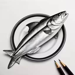 two fishs are sitting on a plate and some pen and paper