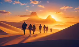 a group of people walking through the desert at sunset