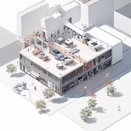 a large building is shown with a lot of cars