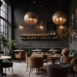 a dimly lit restaurant with wood tables, wooden benches and chairs