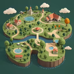 the island has a lake, houses and trees