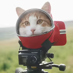 a cat looks through the side mirror on top of a camera
