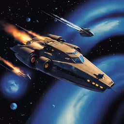 a painting of two boats in space with large stars