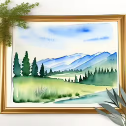 a painting with some green trees on the right,a painting that has a landscape in the background,a painting hangs above a mirror, next to a plant,the painting is being displayed on the wall,a painting is being framed on a wall