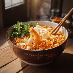 bowl of noodles with garnishes in an outdoor setting