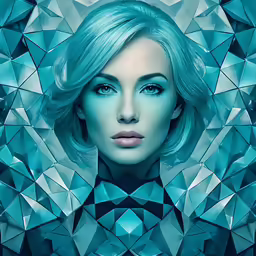 woman in blue standing in front of a triangle - shaped background