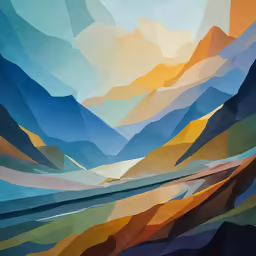 a painting depicting mountains and valleys in colorful colors