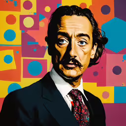 a painting of a man with mustache wearing a suit,a painting of a man with mustache in front of a wall of colorful shapes