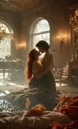 a man kissing a woman in an ornate room
