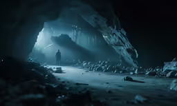 a person standing in the dark next to a cave