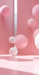a group of suspended balls in a pink room