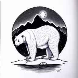 a drawing of a polar bear on a moon filled night,drawing of a polar bear on ice flakes with an overcast sky