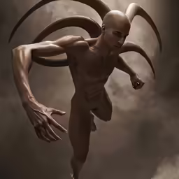 a man with demon like horns has his arm raised and eyes closed, and arms spread out