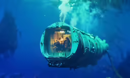 two people inside a small submarine in the water