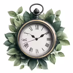 an old time pocket watch with leaves and greenery