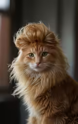 an orange cat with fluffy hair looks to the right