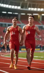 two male athletes sprint across a track during a race