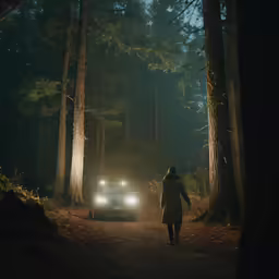 a person holding on to a car as it drives through the dark forest