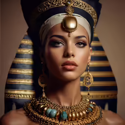 a woman with a gold, blue and black headpiece