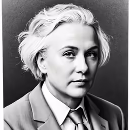 a black and white photo of a person in a suit