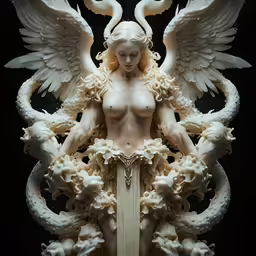a sculpture of an angel with a sword is displayed