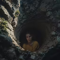 a woman in an underground cave surrounded by rocks