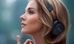 a woman with earphones is standing outdoors