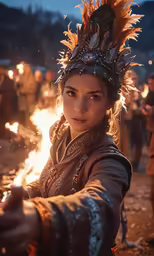 woman dressed in native american attire spinning fire in front of her