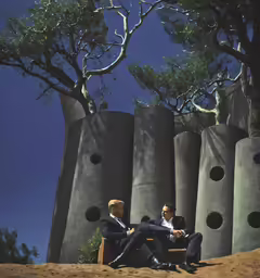 two men sitting on bench at sand dunes near concrete structures