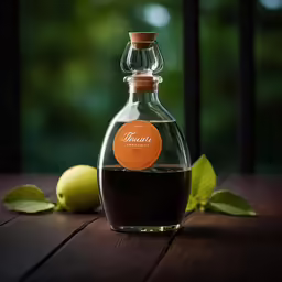 bottle of brown liquid with leaves and apple on a wooden table