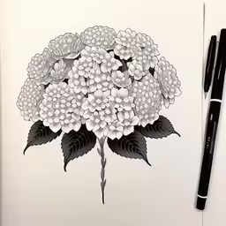 a drawing of some flowers on top of a white paper,a white flower is on the page next to a pen