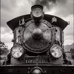 a black and white photo of a steam engine on tracks