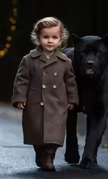 the small girl is walking down the street next to the black dog