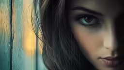 a beautiful woman with wet hair and large blue eyes