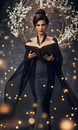 a woman dressed as a witch reading a book
