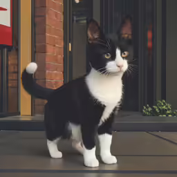 a small black and white cat standing on top of a cement floor