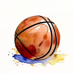 watercolor painting of a basketball, drawn by color with a ball on it,a basketball with one point drawn across the top and a marker painted over it