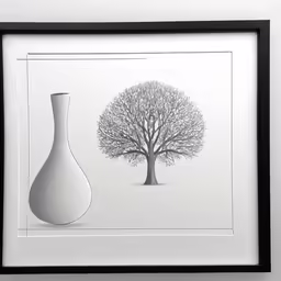 a drawing of a tree is shown in a black frame