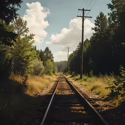 the train track passes between many trees and bushes
