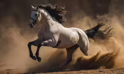 the white horse is running through the dust
