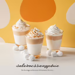 three drinks in glasses topped with whipped cream