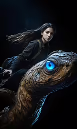 a woman riding on top of a large lizard