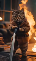 a cat in an all - leather outfit standing on a broom